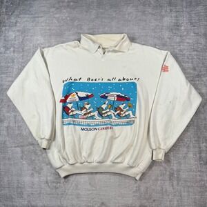 Molson Canadian Sweatshirt Mens XL Cream Collared Polar Bear Vintage 80s Beer